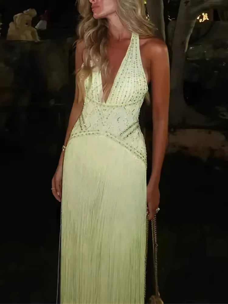 Women Sexy Backless Hollow Sequin Gowns 2026 Elegant Halter Sleeveless Long Dress Fashion Tassel Splicing Waist Slim Party Dress