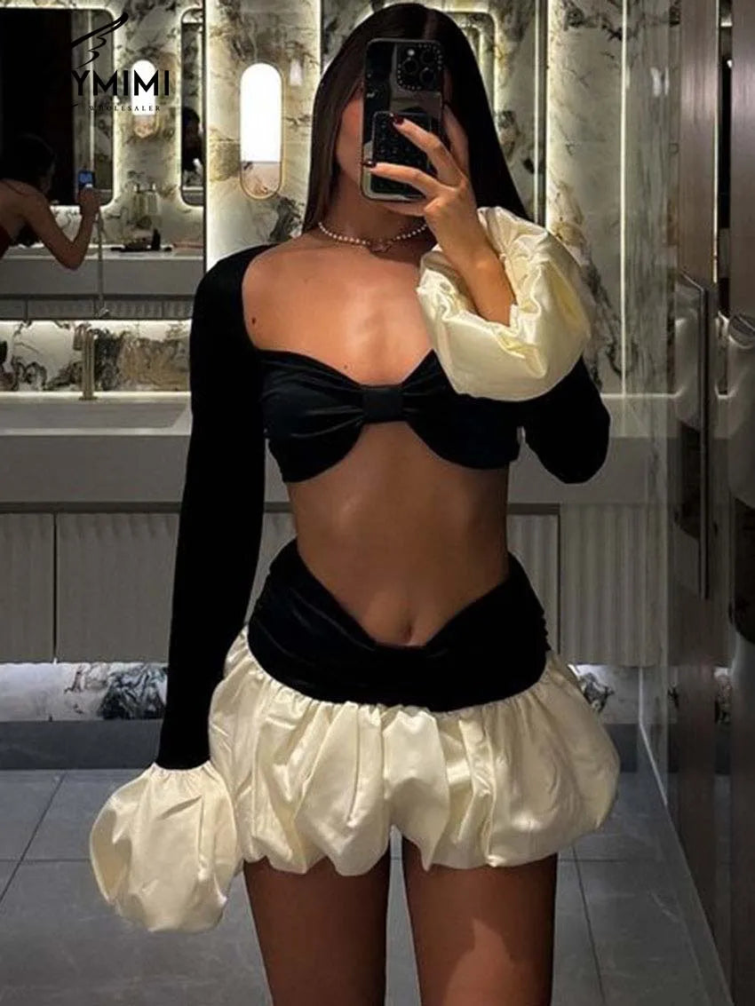 Oymimi Fashion Black Satin 2 Piece Sets Woman Outfits Elegant Long Sleeve Patchwork Zipper Crop Tops And Pleated Mini Skirts Set