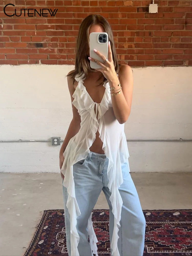 White Ruched Mesh Halter Crop Top
