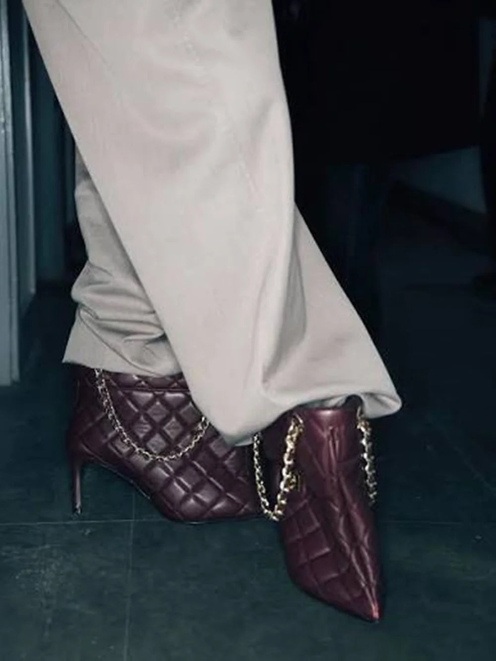 Dark Leather Pointed Toe Stiletto Ankle Boots With Gold Chain Strap For Women