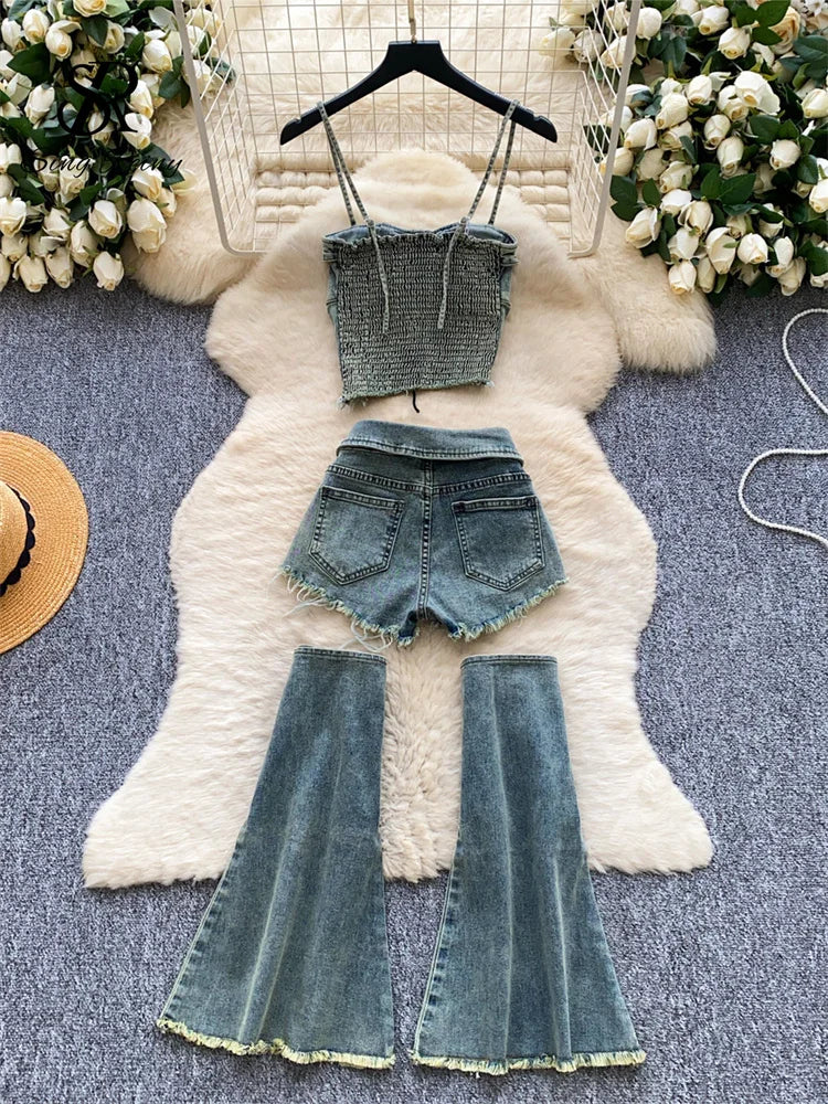 Edgy Summer Denim Three Piece Set With Shorts for Women