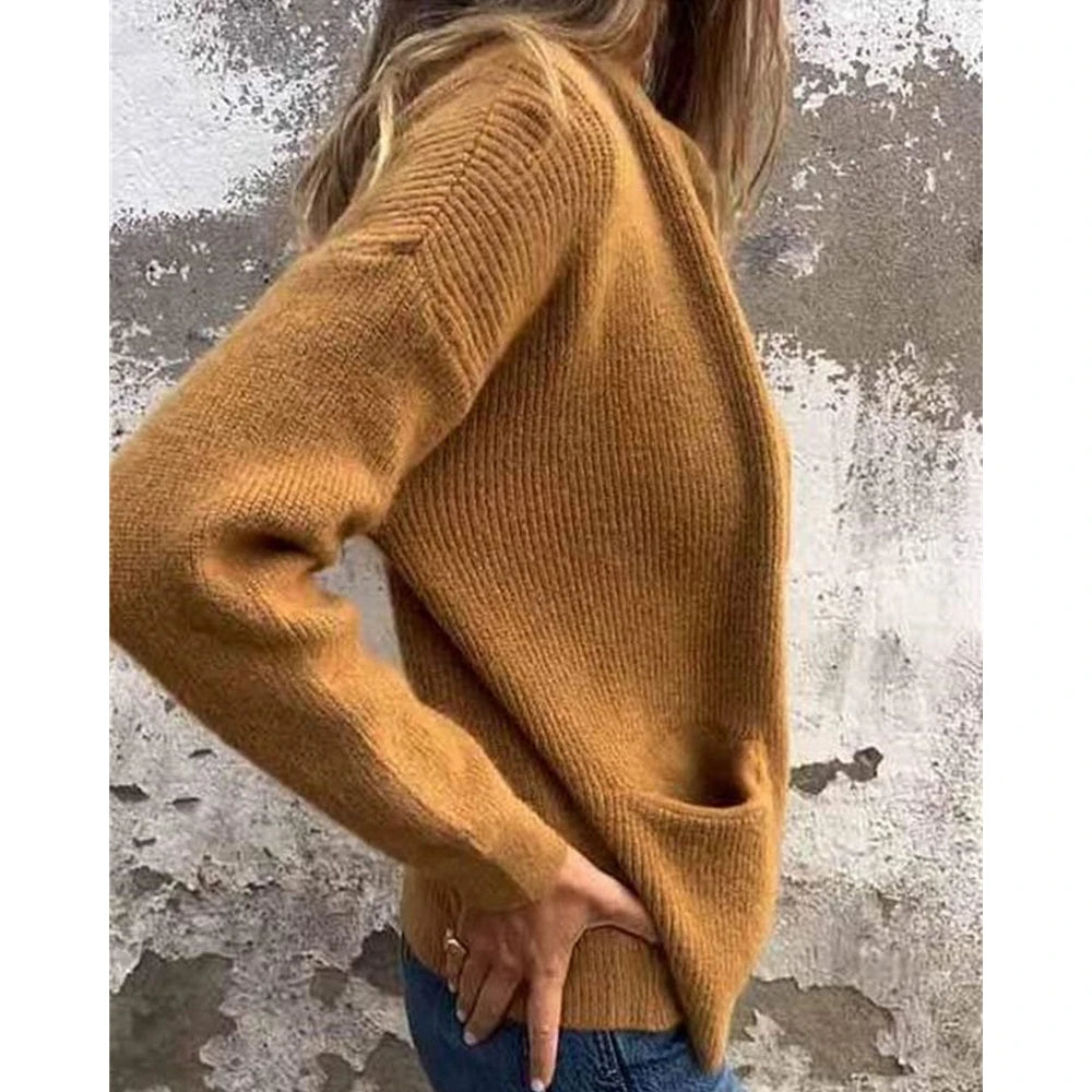 Women's Round Neck Zipper Design Long Sleeve Sweater Top Ladies Casual Fashion Cardigan Autumn