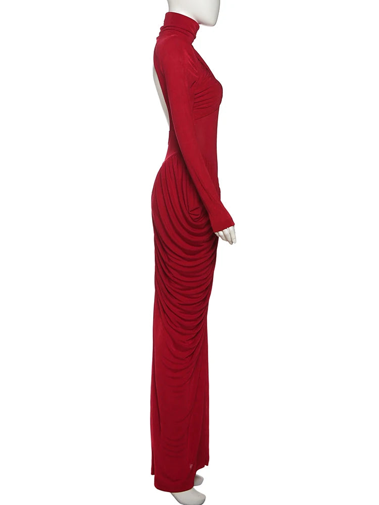 Elegant Ruched Backless Turtleneck Maxi Dress for Women
