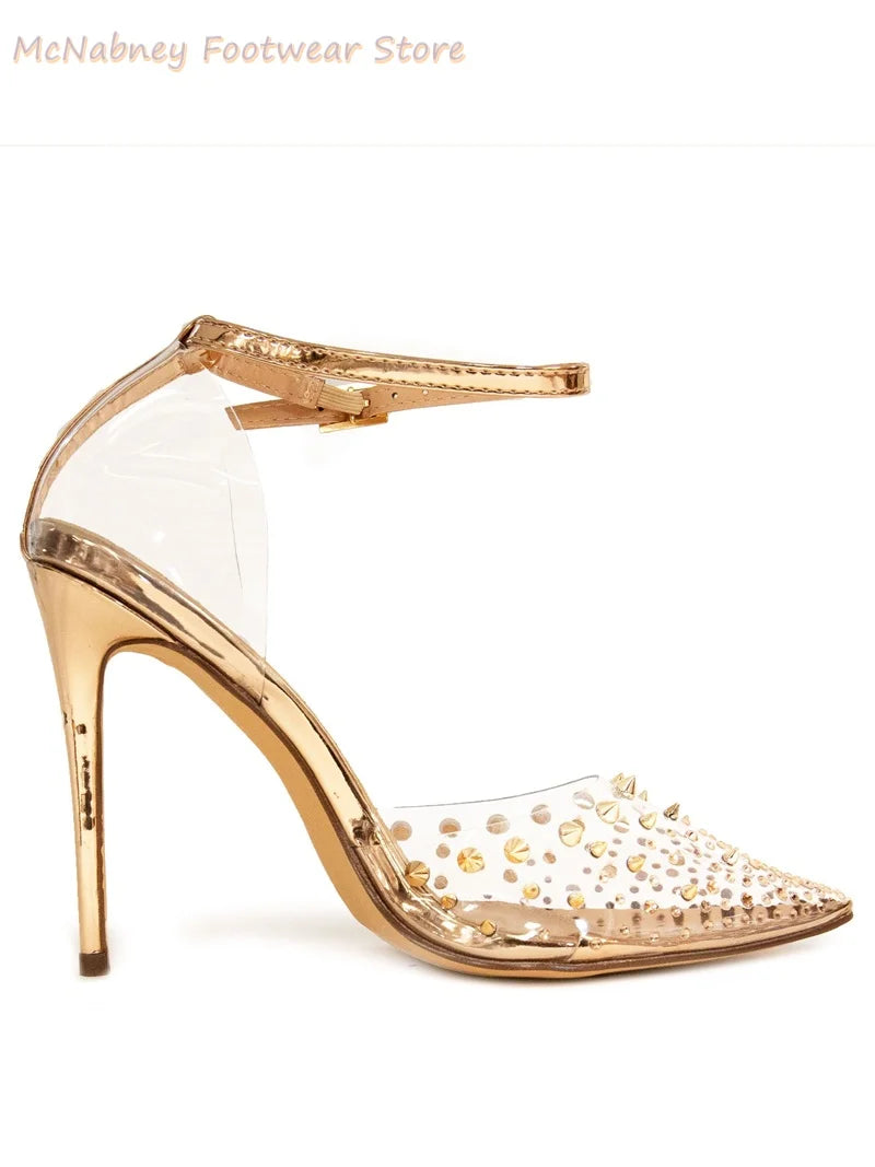Transparent Pointed Rivet Buckle Sandals