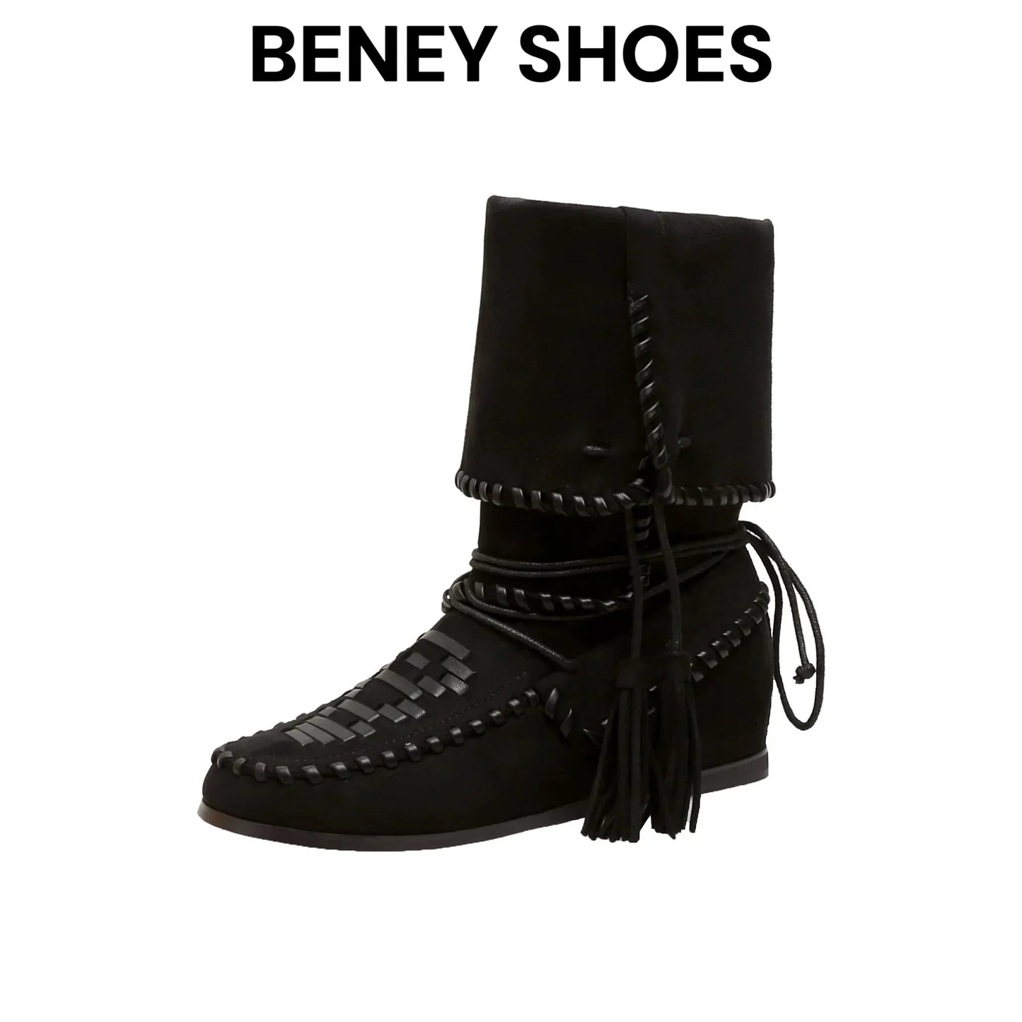 Fringe Woven Suede Mid Calf Boots With Fold Over Cuff For Women