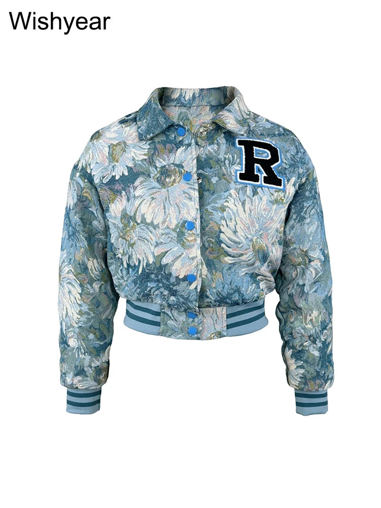 Vintage Print Button Up Baseball Jacket for Women