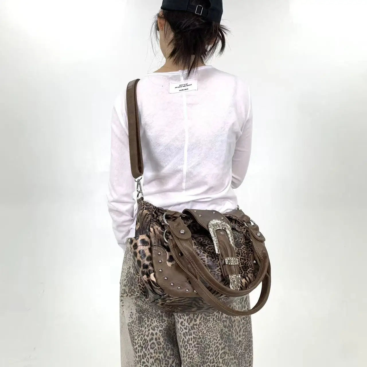 Leopard Print Patchwork Tote Bag with Pockets for Women