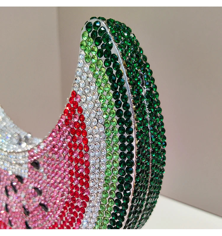 Moon Shaped Diamond Evening Bag with Watermelon Rhinestones for Women