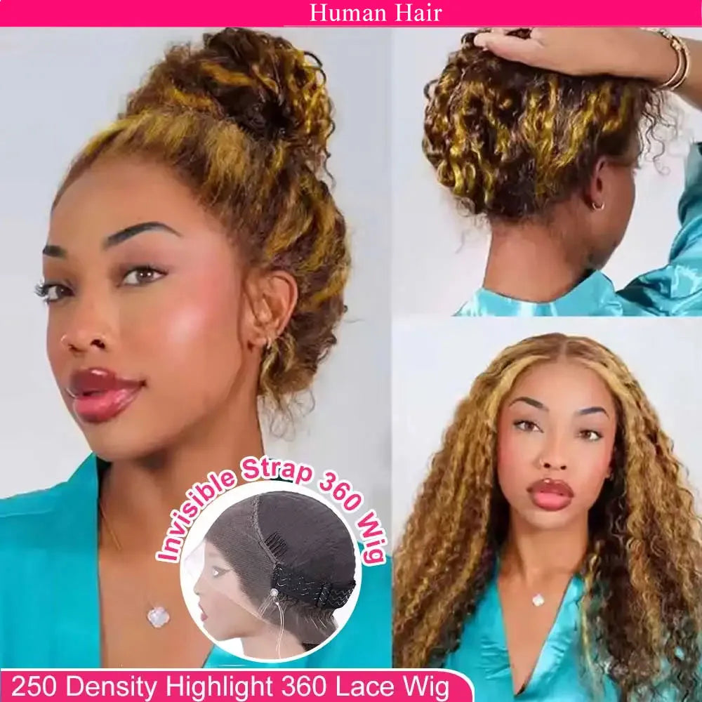 Deep Wave Highlight Honey Blonde Lace Front Wig With Glueless Cap For Women