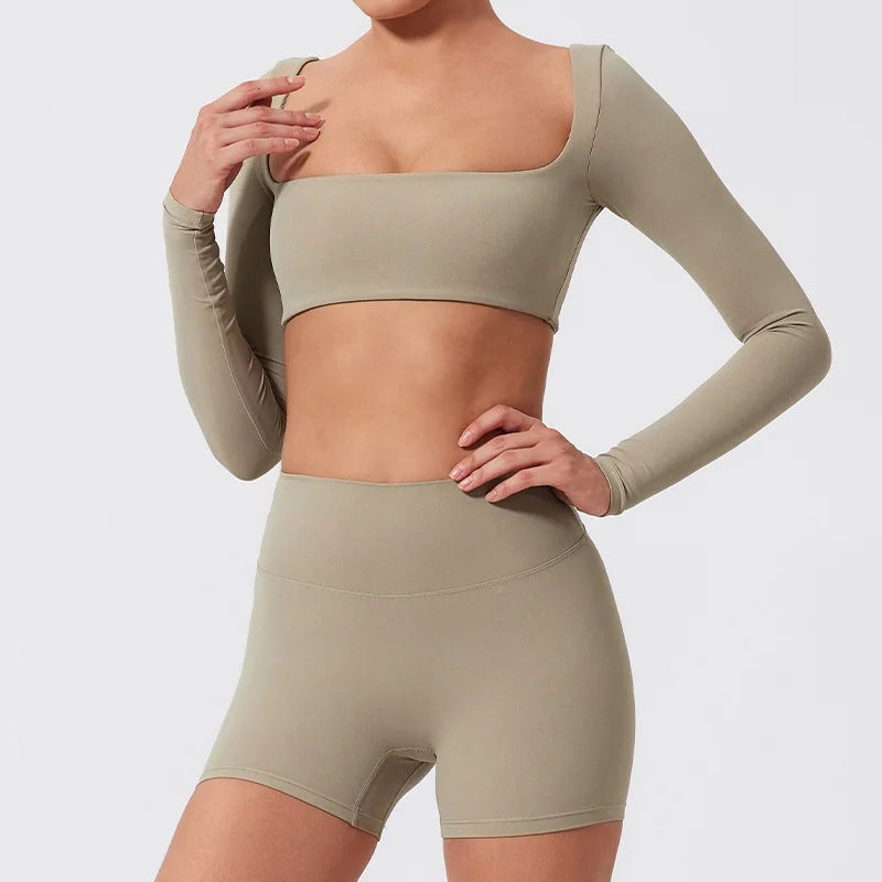 Sporty Solid U-Neck Crop Top and Shorts Two-Piece Set for Women