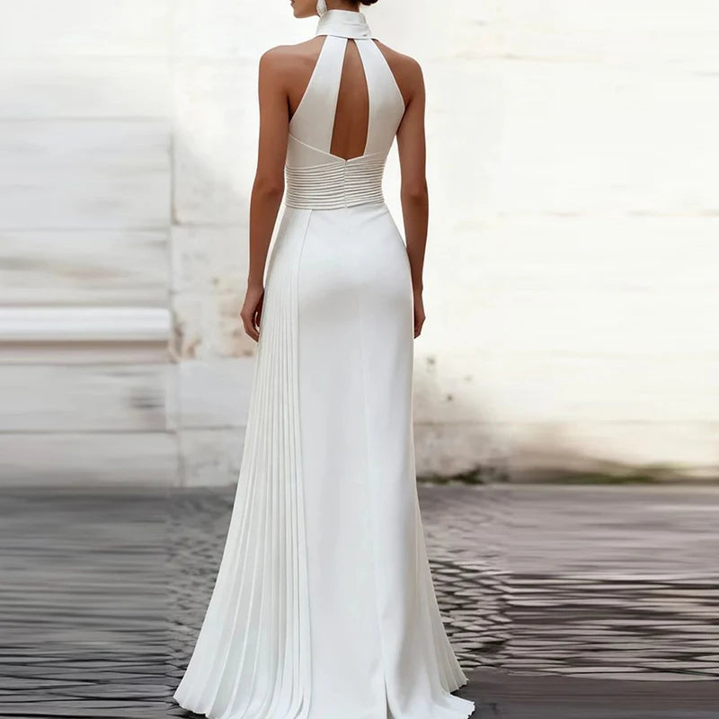Elegant Halter Neck Pleated Backless Maxi Dress for Women