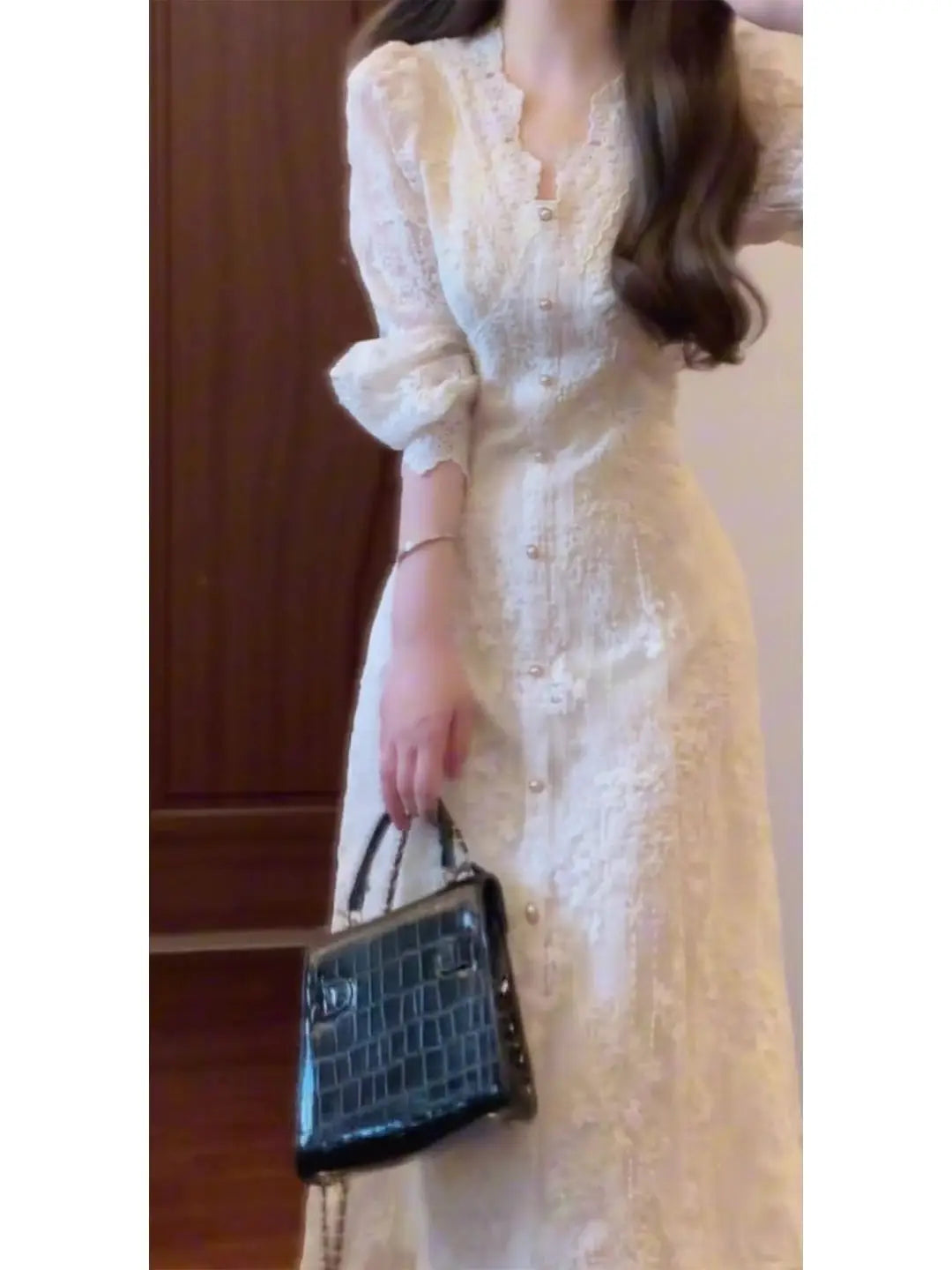 Elegant Lace Embroidered A-Line Dress with Long Sleeve for Women
