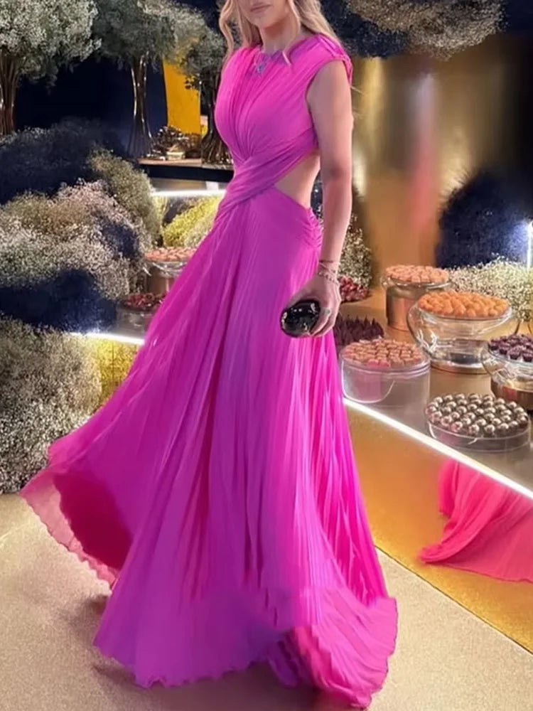 Elegant Backless Cross Pleated Maxi Dress for Women