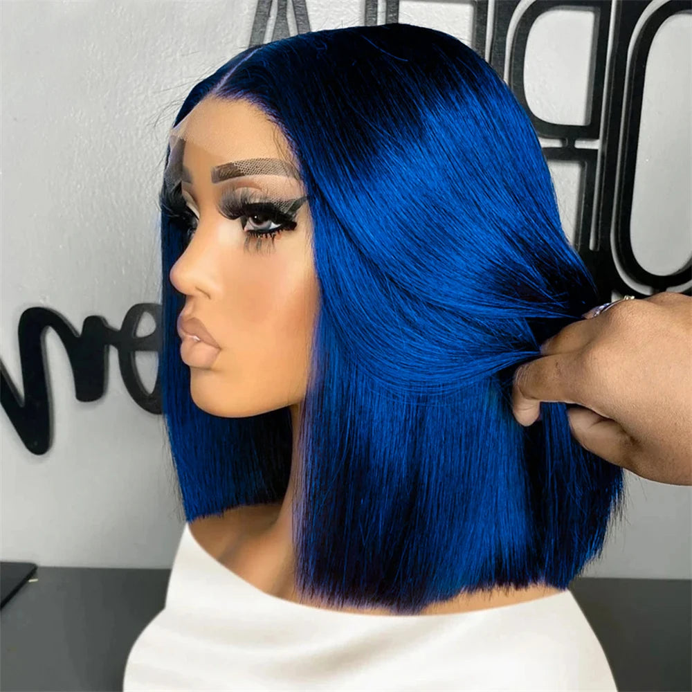 Navy Blue Straight Lace Front Bob Human Hair Wig For Women