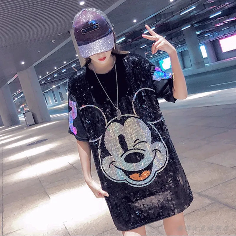 Summer New Fashion Cartoon Sequins Short Sleeve T-shirt Dress Ladies Loose Casual Mid-Length T-shirt Dress For Women