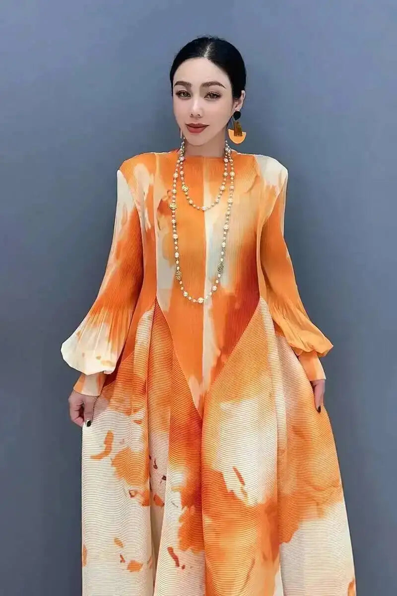 Printed Chiffon Ankle Length Dress With Bubble Sleeves for Women