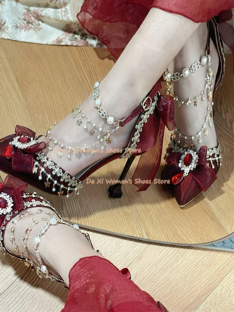 Elegant Pink Bow And Rhinestone Stiletto Wedding Pump For Women