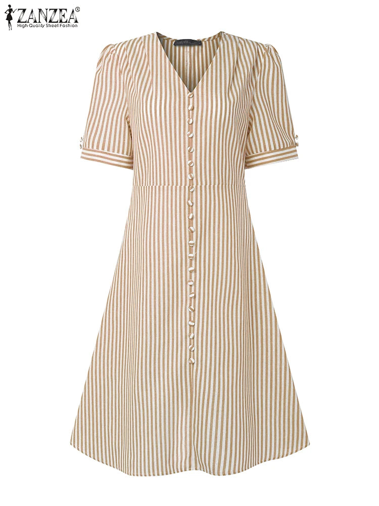 ZANZEA Women Elegant Striped Midi Dresses 2025 Summer Fashion V-Neck Short Puff Sleeve Fitted Waist A-Line Robes Femme Korean