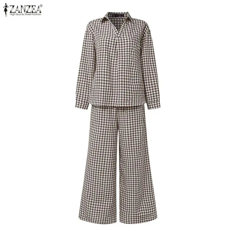 Gingham Blouse And Wide Leg Pants Set