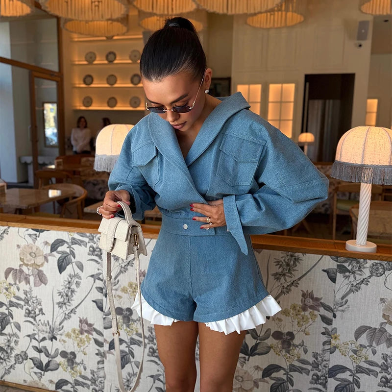 Lapel Jacket and Ruffle Hem Shorts Two-Piece Set for Women
