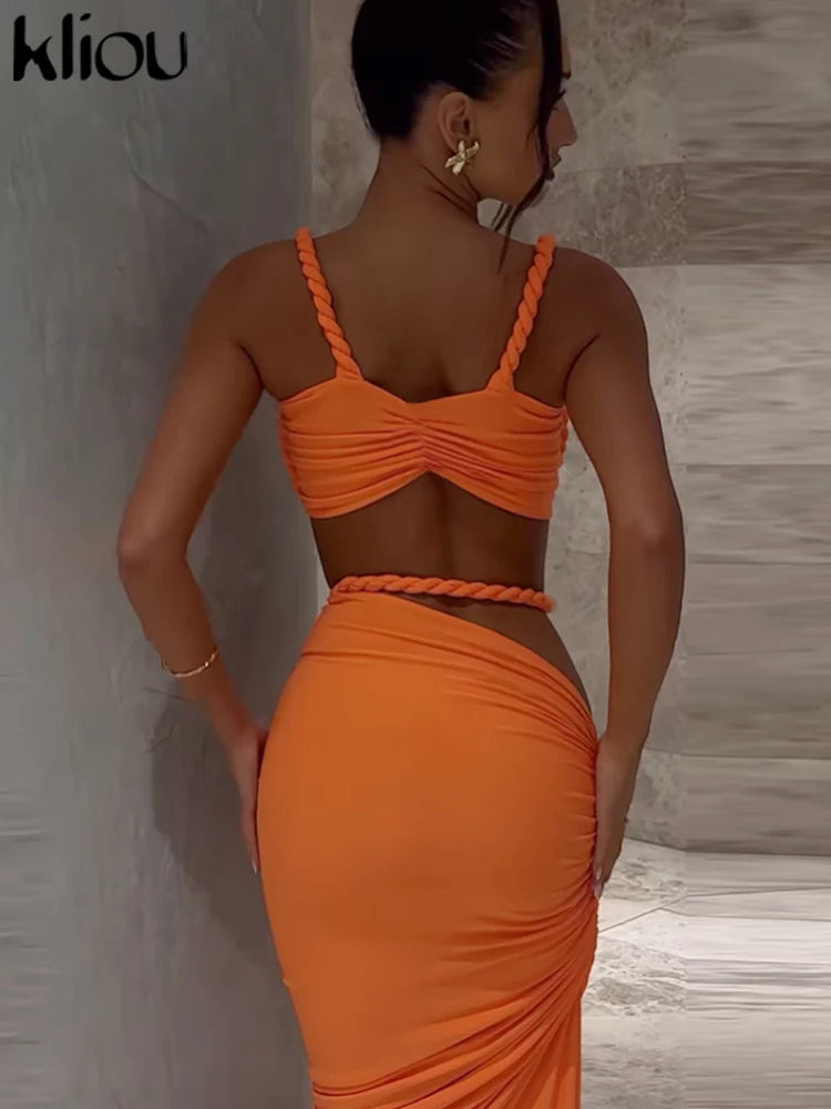 Woven Pleated Crop Top and Maxi Skirt Two Piece Set for Women