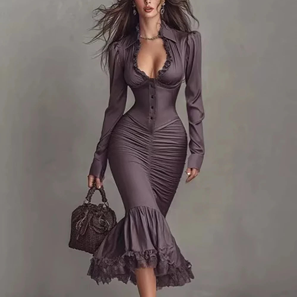 Solid Color Long Sleeve Mermaid Maxi Dress With Buttons And Ruffle Hem For Women