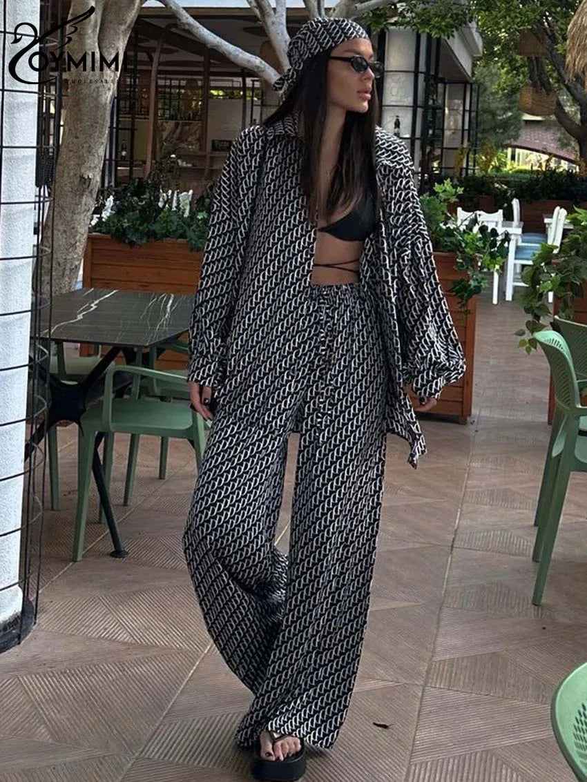 Oymimi Fashion Black Print Womens 2 Piece Outfit Set Elegant Lapel Long Sleeve Shirts And High Waisted Lopse Straight Pants Sets