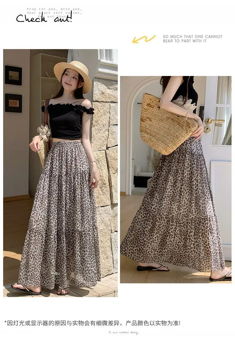 Vintage Leopard Print Tiered Maxi Skirt For Women