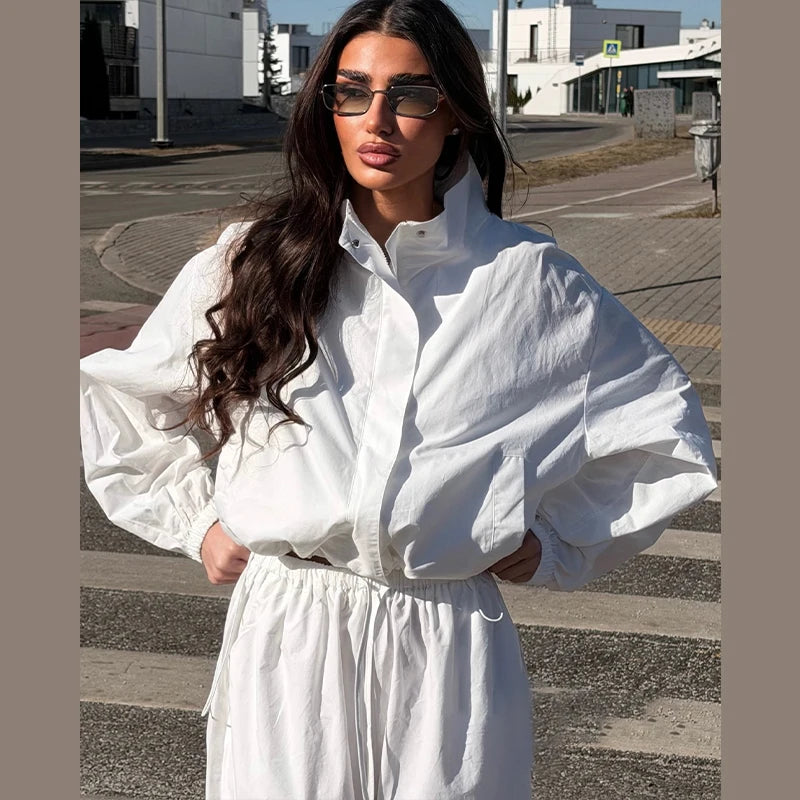 Solid Loose Suit Set with Stand Collar Crop Top and Drawstring Pants for Women