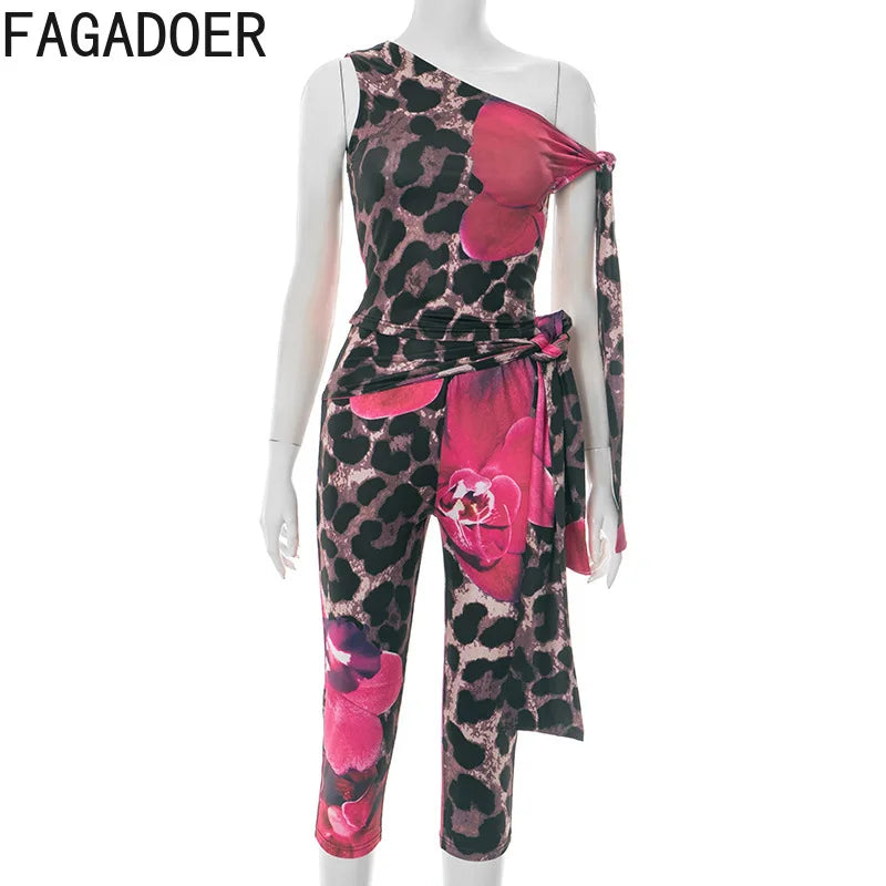 FAGADOER Sexy Leopard Floral Print Two Piece Outfits Woman Skew Collar Bandage Tank Tops + Skinny Pants Matching Streetwear New