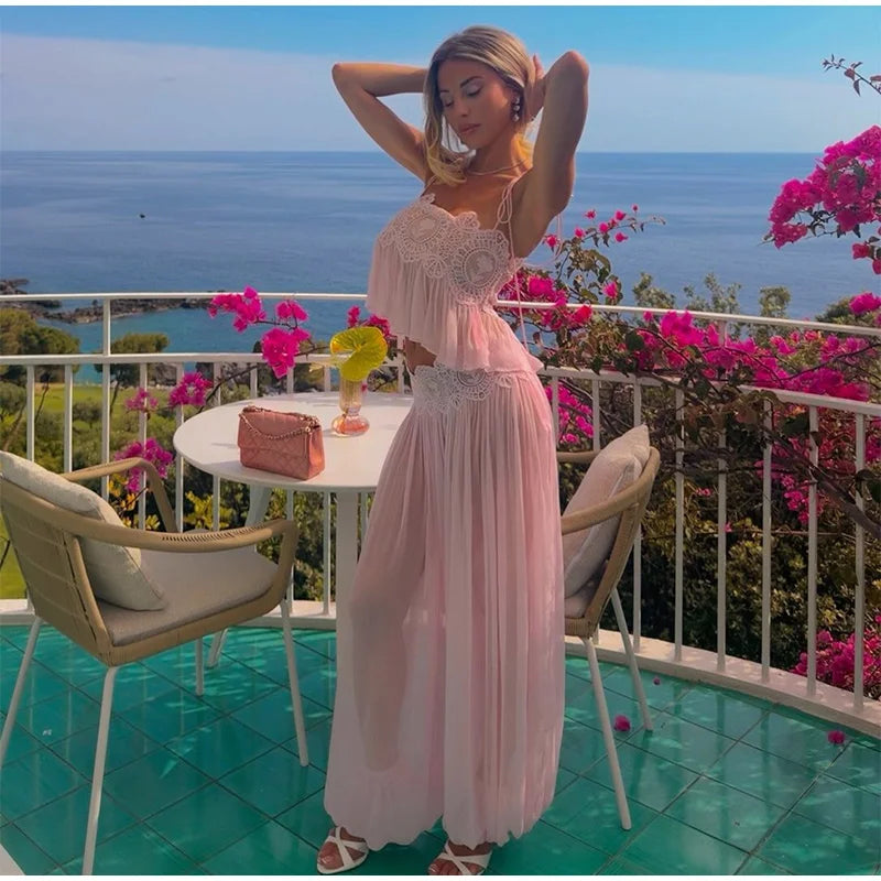 Elegant Hollow Out Lace Two Piece Summer Outfit For Women
