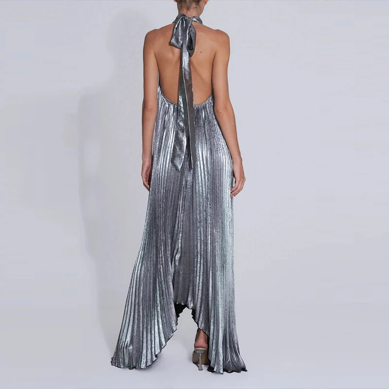 Metallic Halter Hollow Out Pleated Maxi Dress for Women