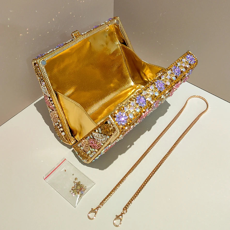 Metallic Leaf Diamond Evening Bag With Rhinestone Accents for Women
