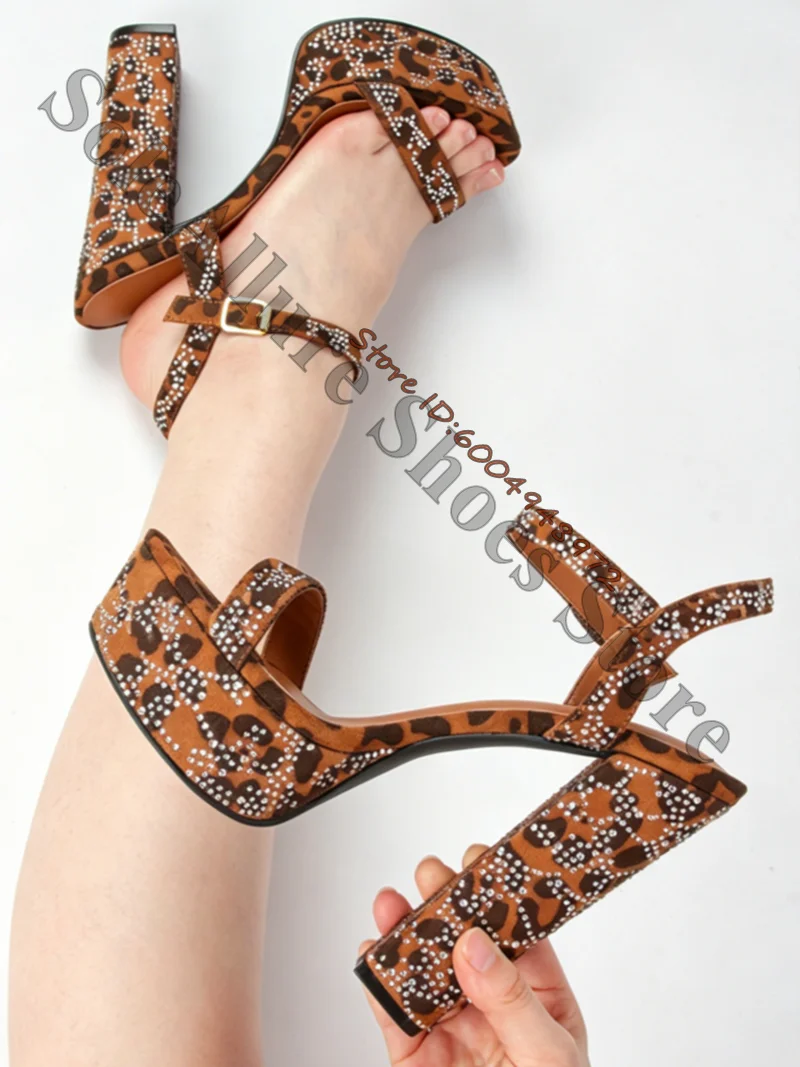 Elegant Leopard Print Rhinestone Block Heel Sandals for Women
