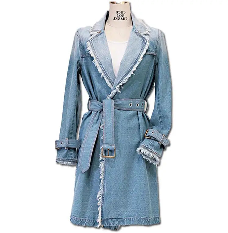 Relaxed Fit Denim Trench Coat With Waist Belt For Women