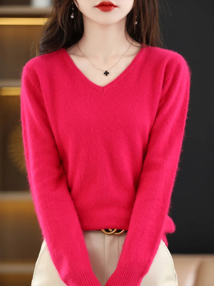 Soft Warm Loose Fit V Neck Cashmere Sweater for Women