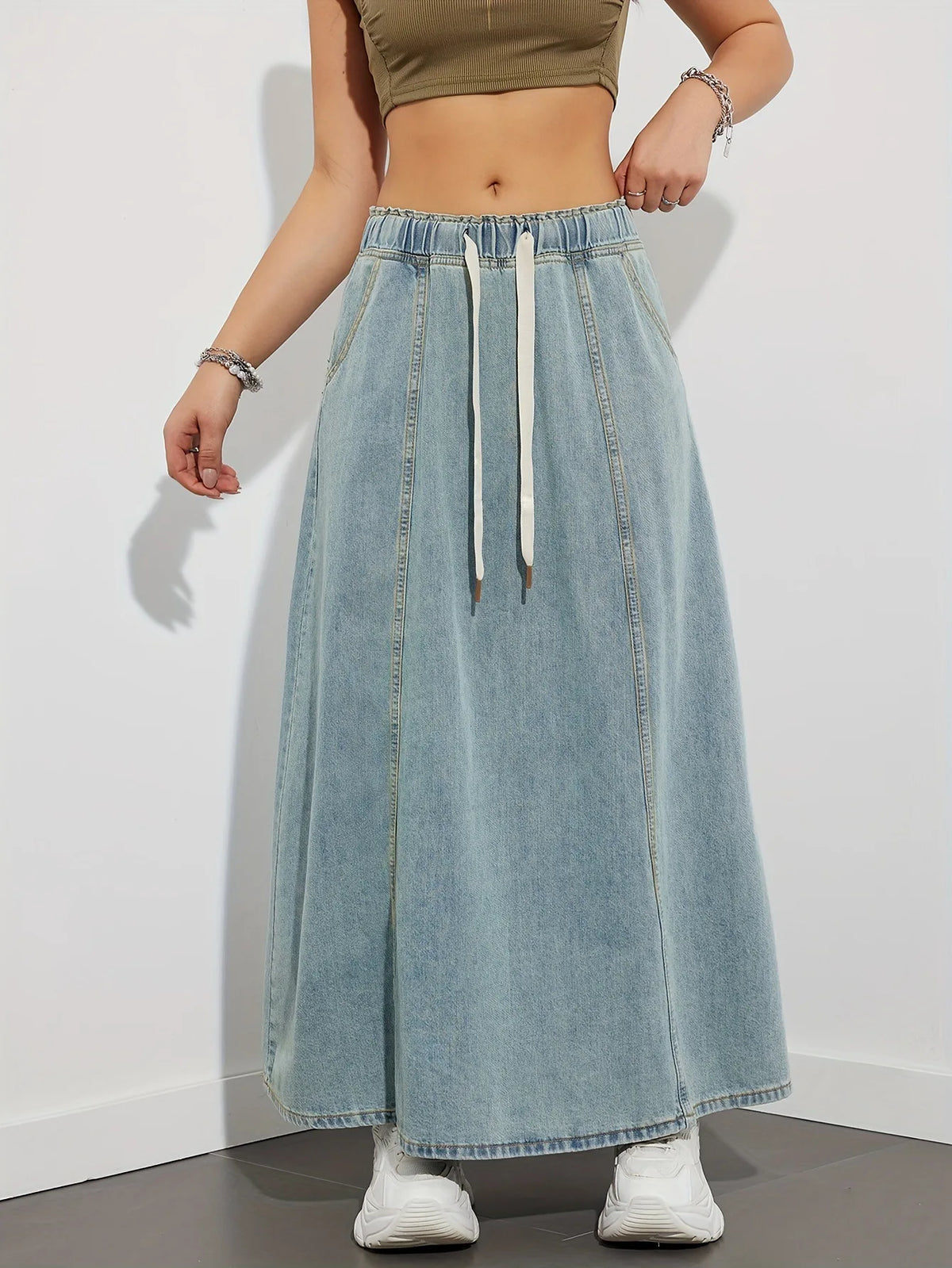 Elastic Waist Lace Up Loose Casual Denim Maxi Skirt for Women