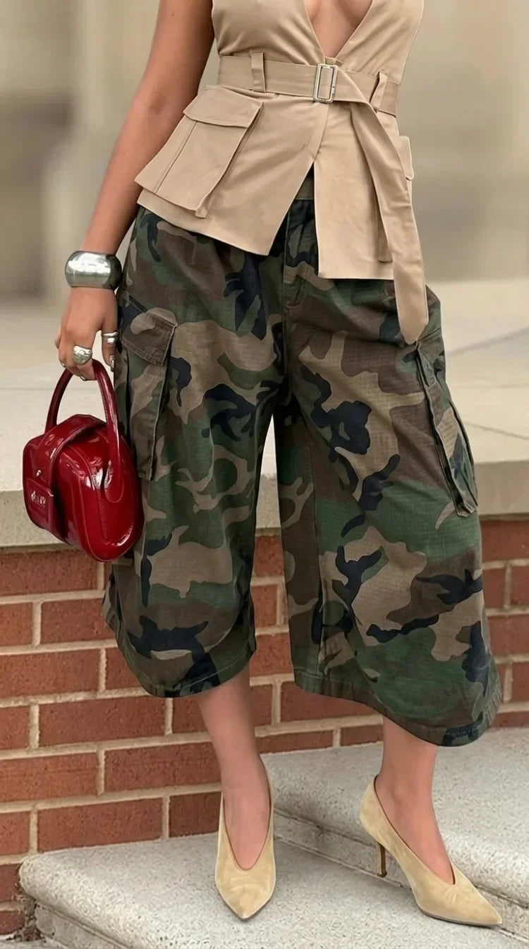 Women Camo Printed Capri Cargo Pants High Waist Loose Wide Leg Casual Streetwear Cropped Trousers