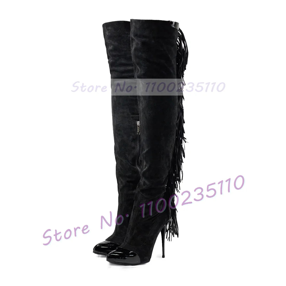 Grey Fringe Leather Over Knee Boots