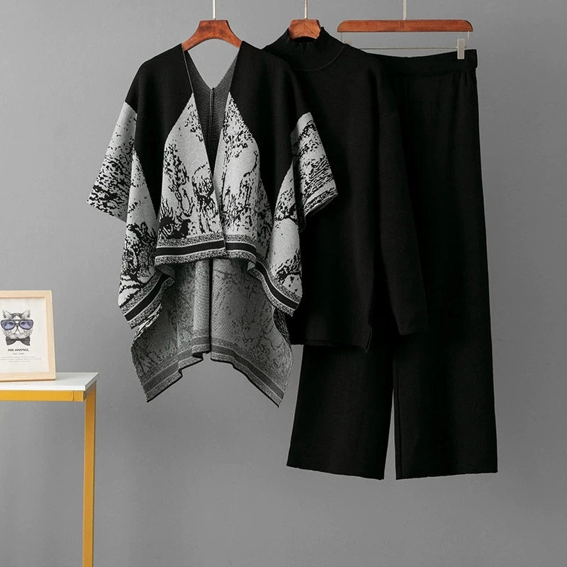 Loose Jacquard Knit Sweater and Wide Leg Pants Set for Women
