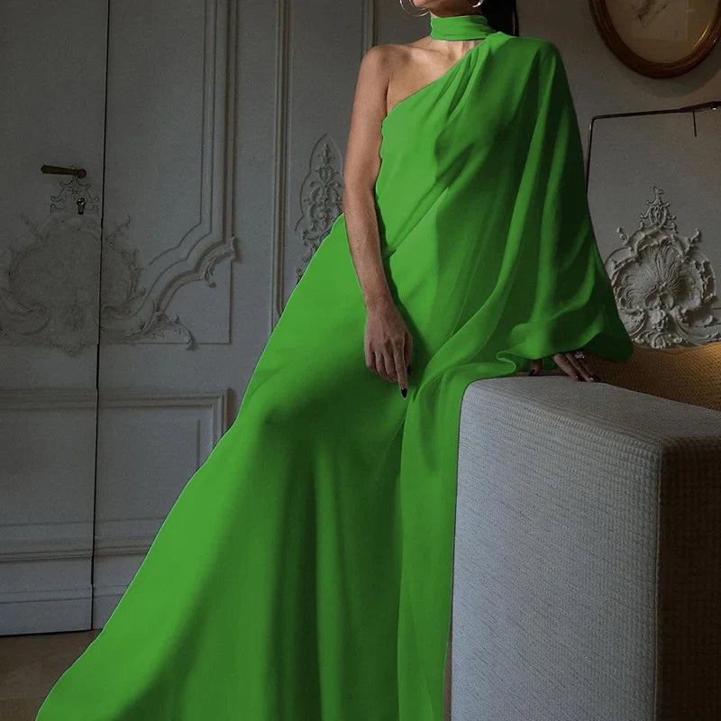 Elegant Halter One-Shoulder Loose Party Dress Lady Solid Color  Temperament Banquet Maxi Dress 2023 Casual Women Fashion Vestido