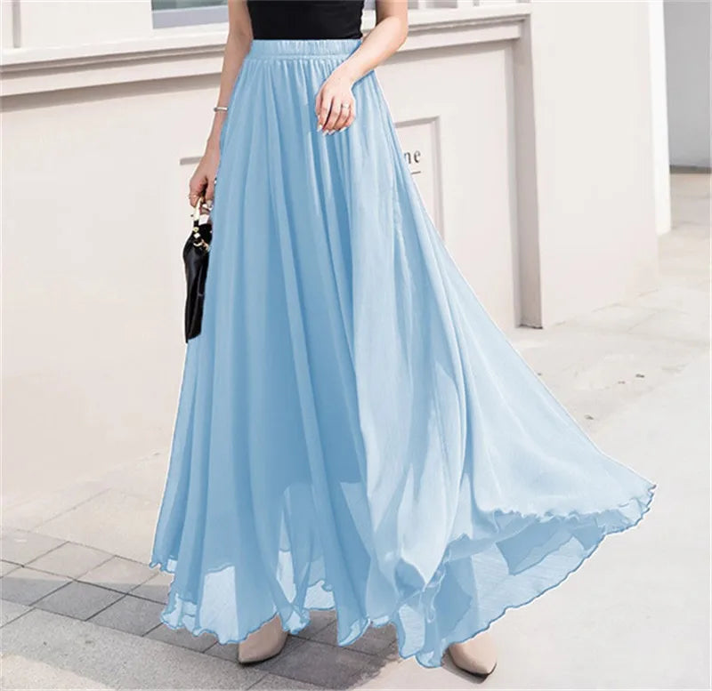 Elegant Solid Color Chiffon A-Line Skirt with High Waist for Women