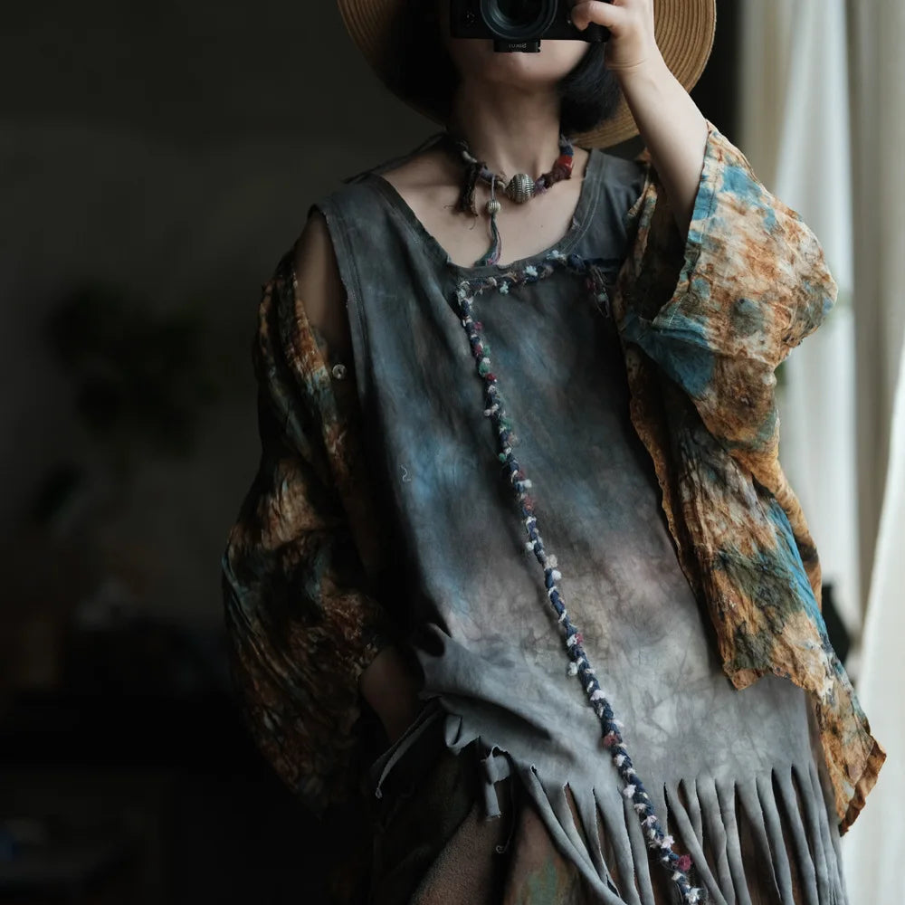 Casual Loose Fit Print Tassels Tank Top Cotton for Women