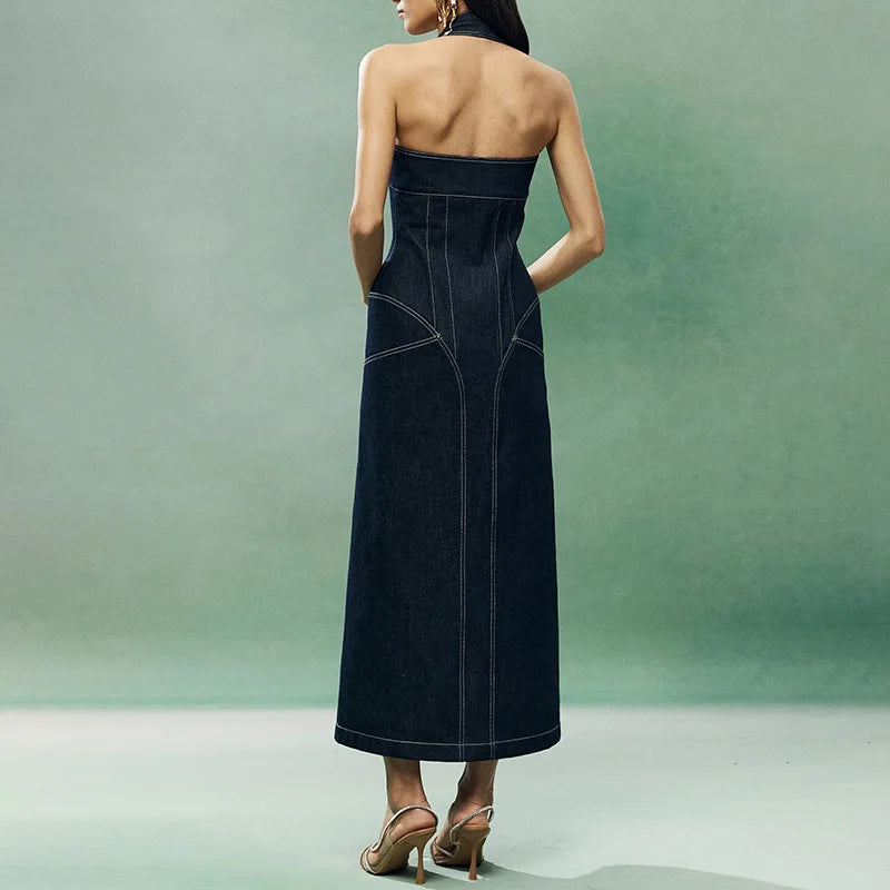 ANJY Summer New Women's Tide High Street Y2K Chic Trendy Sleeveless Halter Neck Backless Waist Cinching Zipper Denim Dress A8053