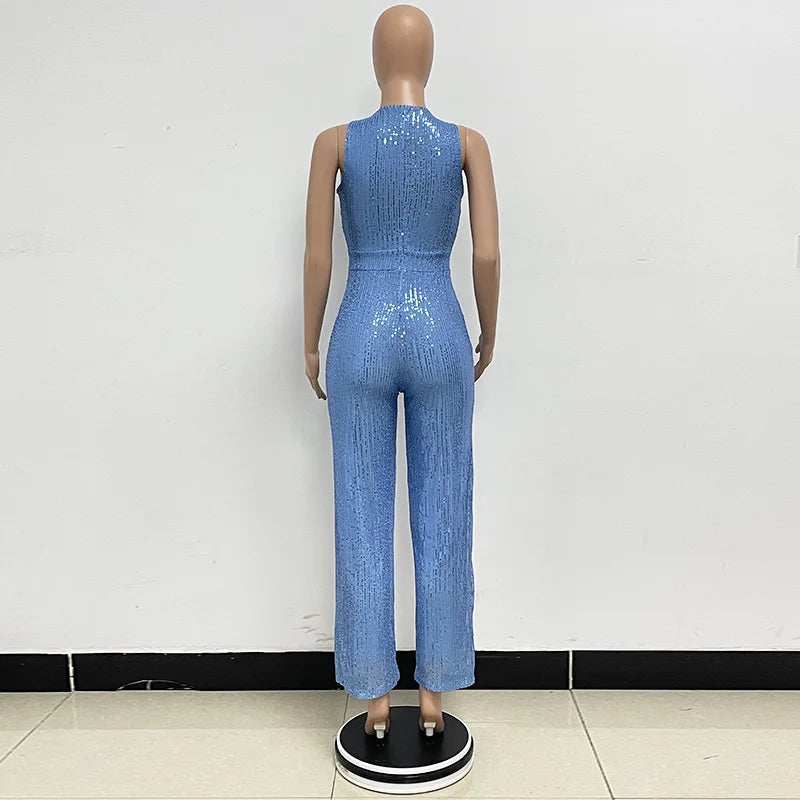 Elegant Silver Sequined Straight Cut Jumpsuit for Women