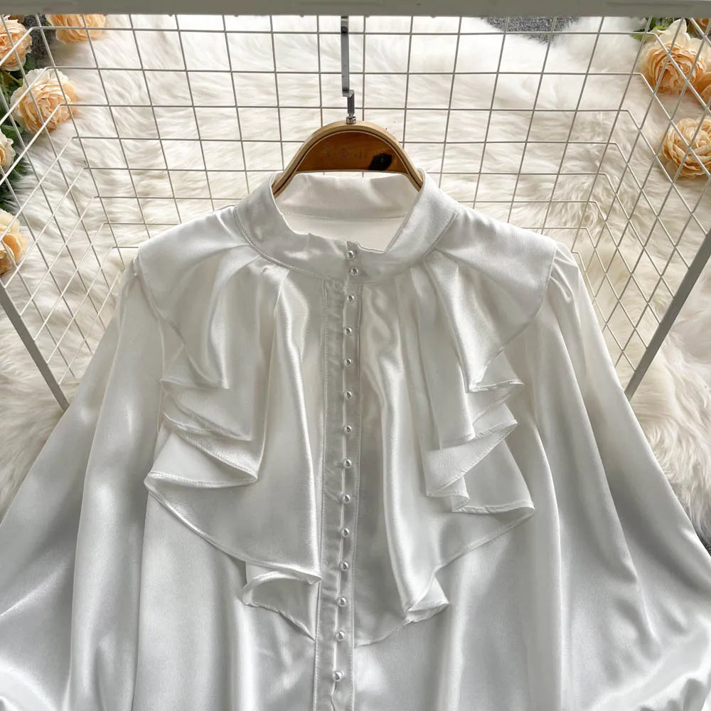 Elegant Satin Ruffle Long Sleeve Blouse for Women