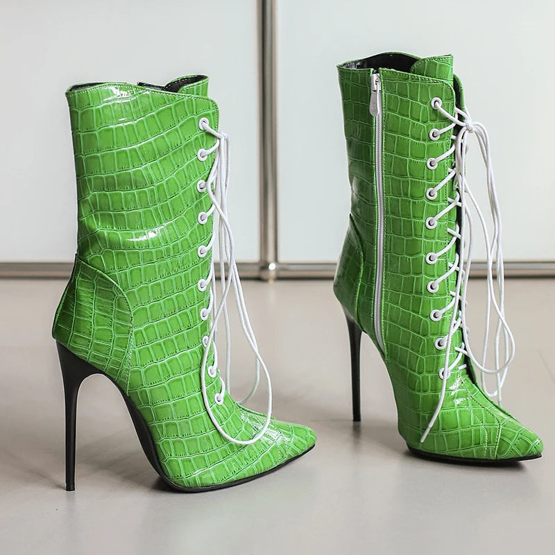 Alligator Pattern Lace Up Stiletto Ankle Boots for Women