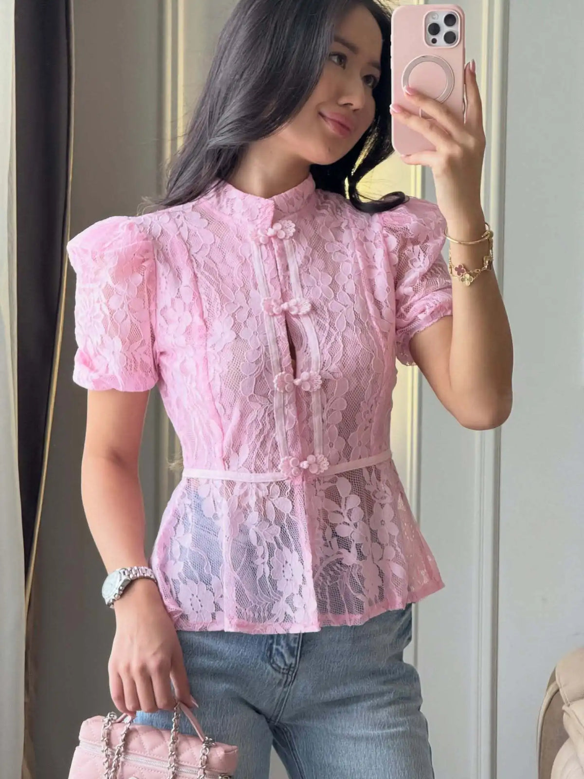 Short Sleeve Floral Lace Sheer Cheongsam Blouse for Women