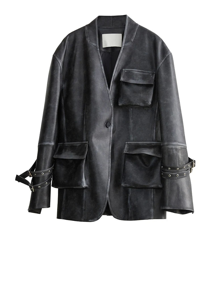 Loose Fit Black Faux Leather Jacket With Pockets for Women