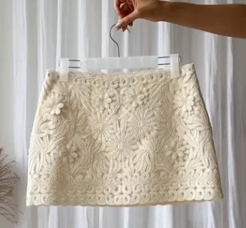 Floral Hollow Embroidery Mini Skirt Sets Women 2 Pieces Flare Sleeved Women Suit Casual Two Piece Set Summer Women Outfit